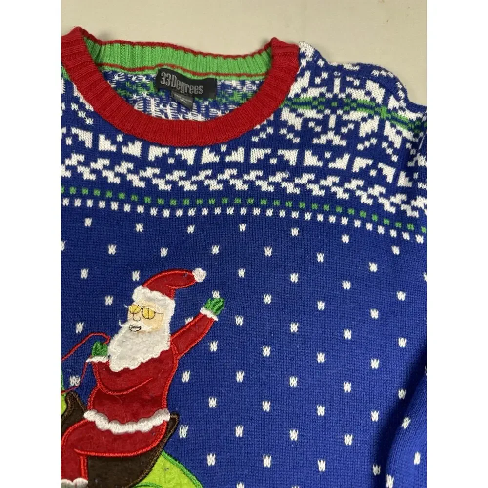 33 Degrees Santa Riding T-Rex Ugly Christmas Sweater Mens XL Blue Holiday